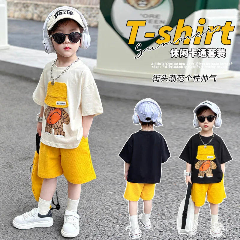 Korean Children Summer Sets Girl Boy Short Sleeve Soild