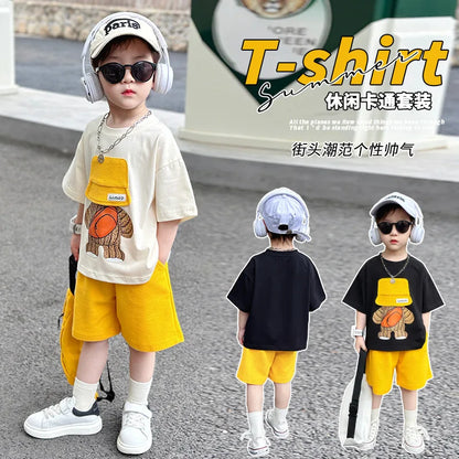 Korean Children Summer Sets Girl Boy Short Sleeve Soild