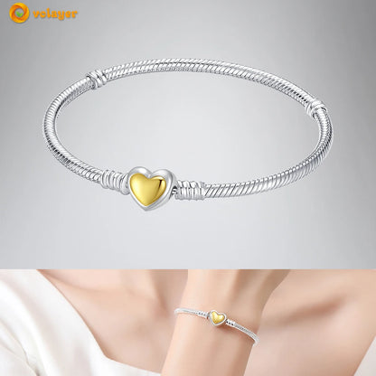 Volayer 925 Sterling Silver Bracelets Pavé Heart Shell Feathers Dreamcatcher Crown Clasp Snake Chain Bracelets Love Wing Bangles