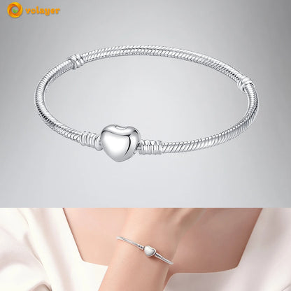 Volayer 925 Sterling Silver Bracelets Pavé Heart Shell Feathers Dreamcatcher Crown Clasp Snake Chain Bracelets Love Wing Bangles