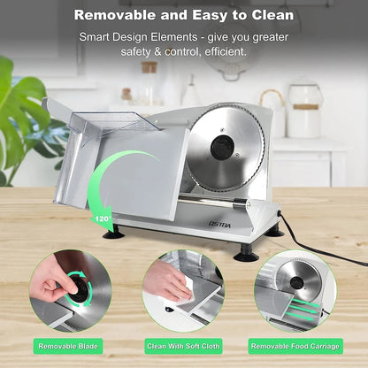 Meat Slicer, Electric Deli Food Slicer w/ Removable Stainless Steel Blades, Adjustable Thickness Meat Slicer for Home Use