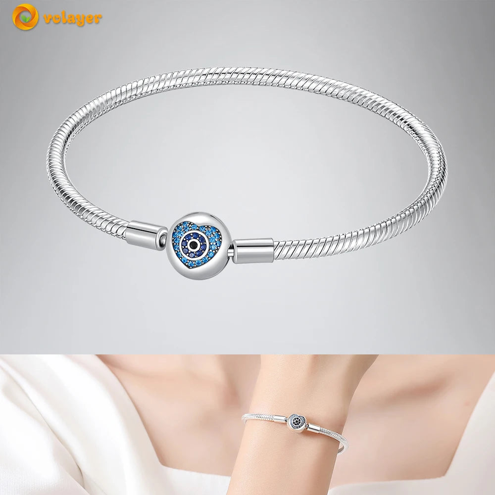 Volayer 925 Sterling Silver Bracelets Pavé Heart Shell Feathers Dreamcatcher Crown Clasp Snake Chain Bracelets Love Wing Bangles