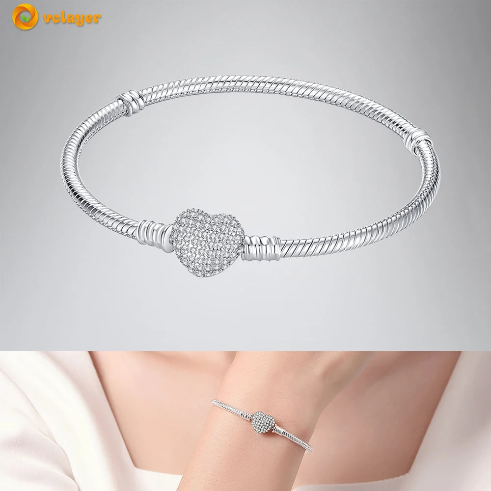 Volayer 925 Sterling Silver Bracelets Pavé Heart Shell Feathers Dreamcatcher Crown Clasp Snake Chain Bracelets Love Wing Bangles