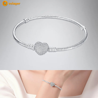 Volayer 925 Sterling Silver Bracelets Pavé Heart Shell Feathers Dreamcatcher Crown Clasp Snake Chain Bracelets Love Wing Bangles