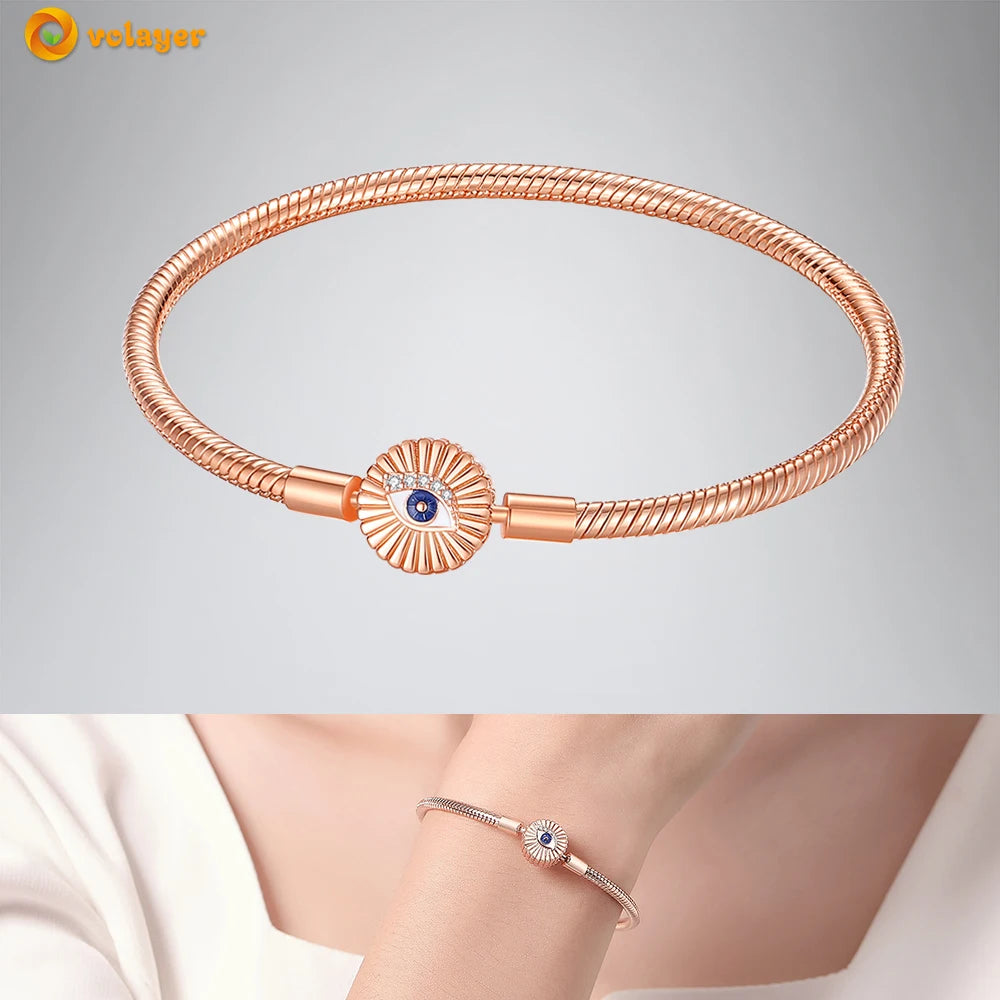 Volayer 925 Sterling Silver Bracelets Pavé Heart Shell Feathers Dreamcatcher Crown Clasp Snake Chain Bracelets Love Wing Bangles