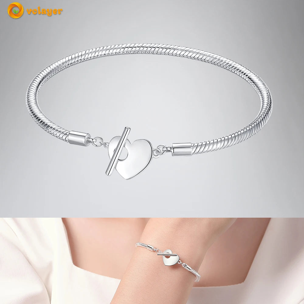 Volayer 925 Sterling Silver Bracelets Pavé Heart Shell Feathers Dreamcatcher Crown Clasp Snake Chain Bracelets Love Wing Bangles