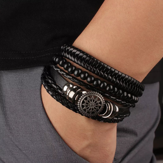 4Pcs/ Set Braided Wrap Leather ads Ethnic Tribal Wristband Rope Bracelet