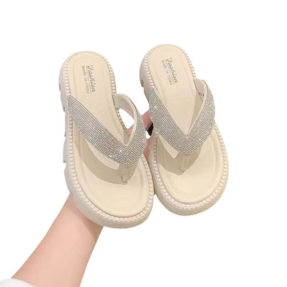 Woman 2024 Trend Rhinestone Flip-flop Slippers Thick Soles Outdoor Wear Fashionable Beach Shoes Indoor Anti Slip Sandals Shoes