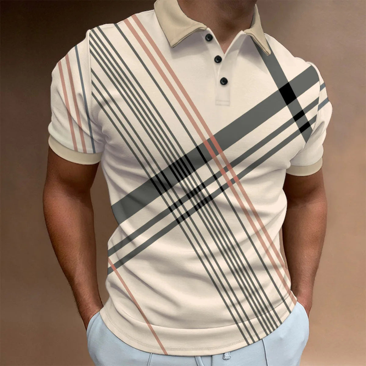 2024 Summer Men's Fashion Lapel Short-Sleeved Striped men's  Polo Shirt