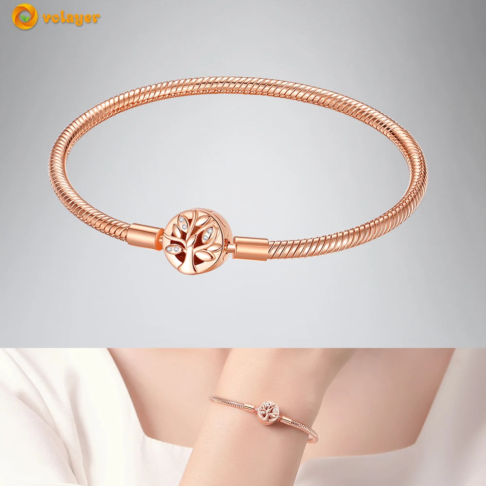 Volayer 925 Sterling Silver Bracelets Pavé Heart Shell Feathers Dreamcatcher Crown Clasp Snake Chain Bracelets Love Wing Bangles