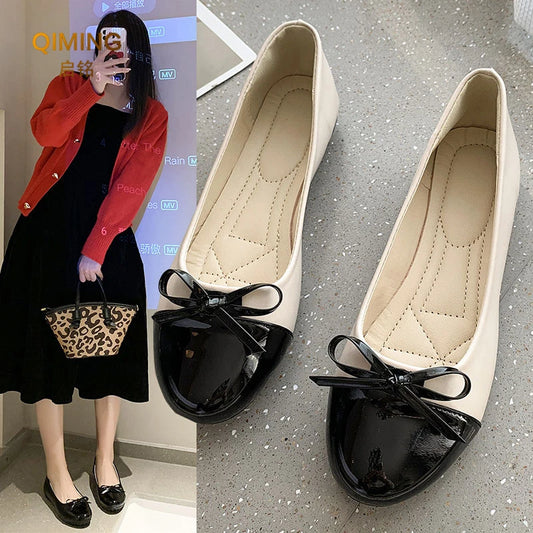 Women Ballet Flats Two Tone Bow Flats Round Toe Shoes For Women Slip On Casual Work Dress Flats Pumps Shallow Mouth Casual Shoes