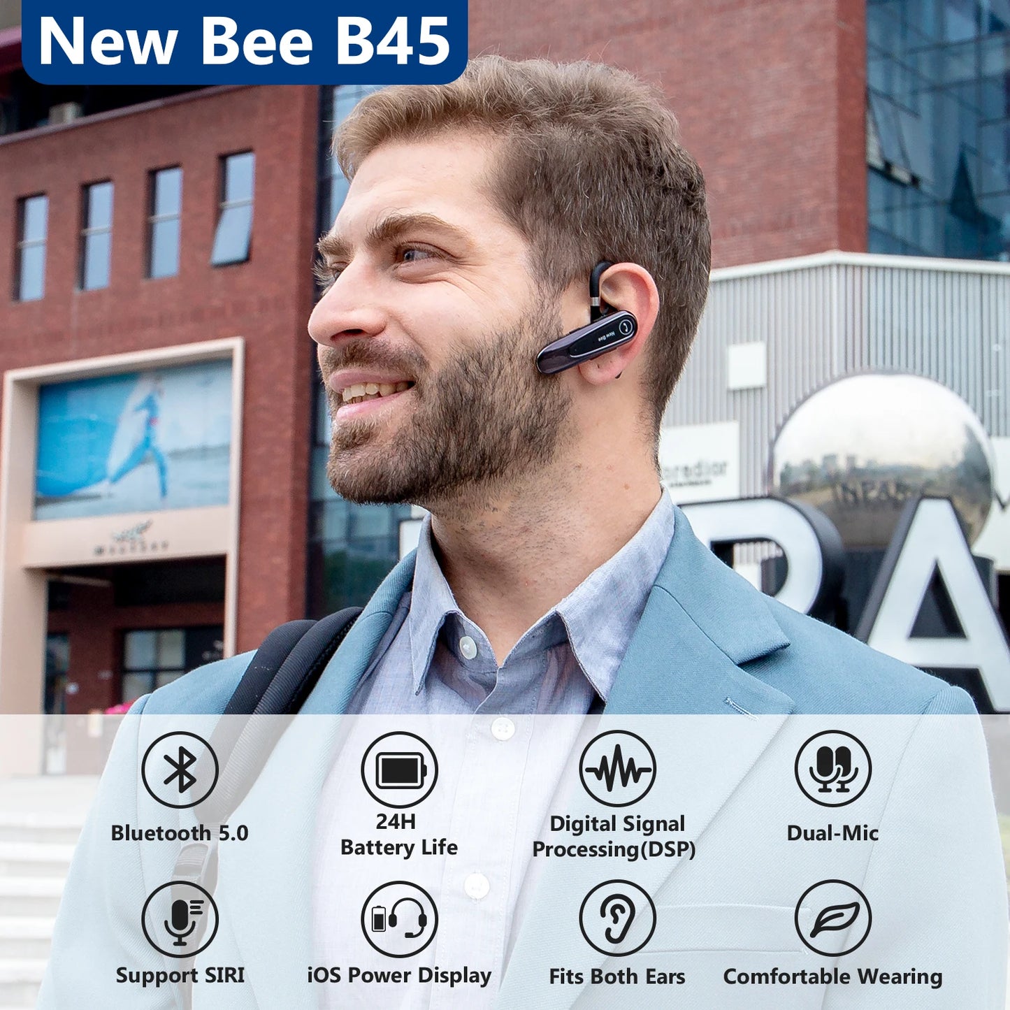 New Bee B45 Bluetooth 5.0 Headset Wireless Earphone Earpiece