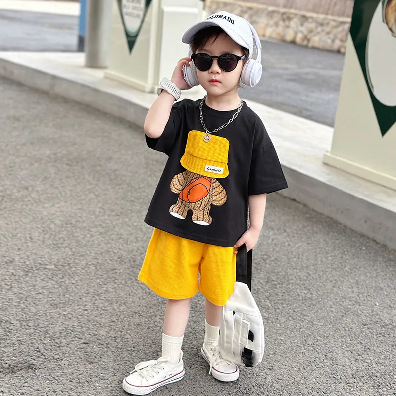Korean Children Summer Sets Girl Boy Short Sleeve Soild