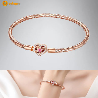 Volayer 925 Sterling Silver Bracelets Pavé Heart Shell Feathers Dreamcatcher Crown Clasp Snake Chain Bracelets Love Wing Bangles
