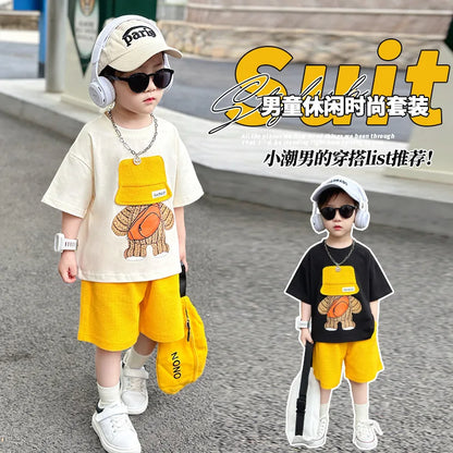 Korean Children Summer Sets Girl Boy Short Sleeve Soild