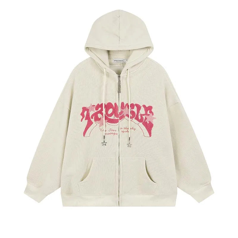 Corduroy Y2k Zip Up Hoodie Women Retro Embroidered Letter