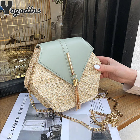 Hexagon Mulit Style Straw+leather Handbag WomeN