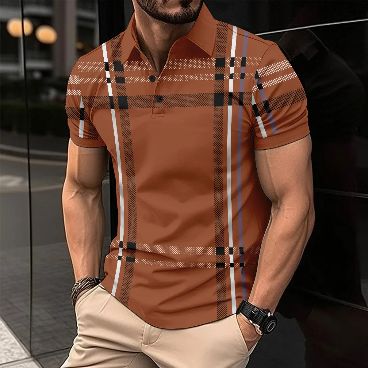 2024 Summer Men's Fashion Lapel Short-Sleeved Striped men's  Polo Shirt