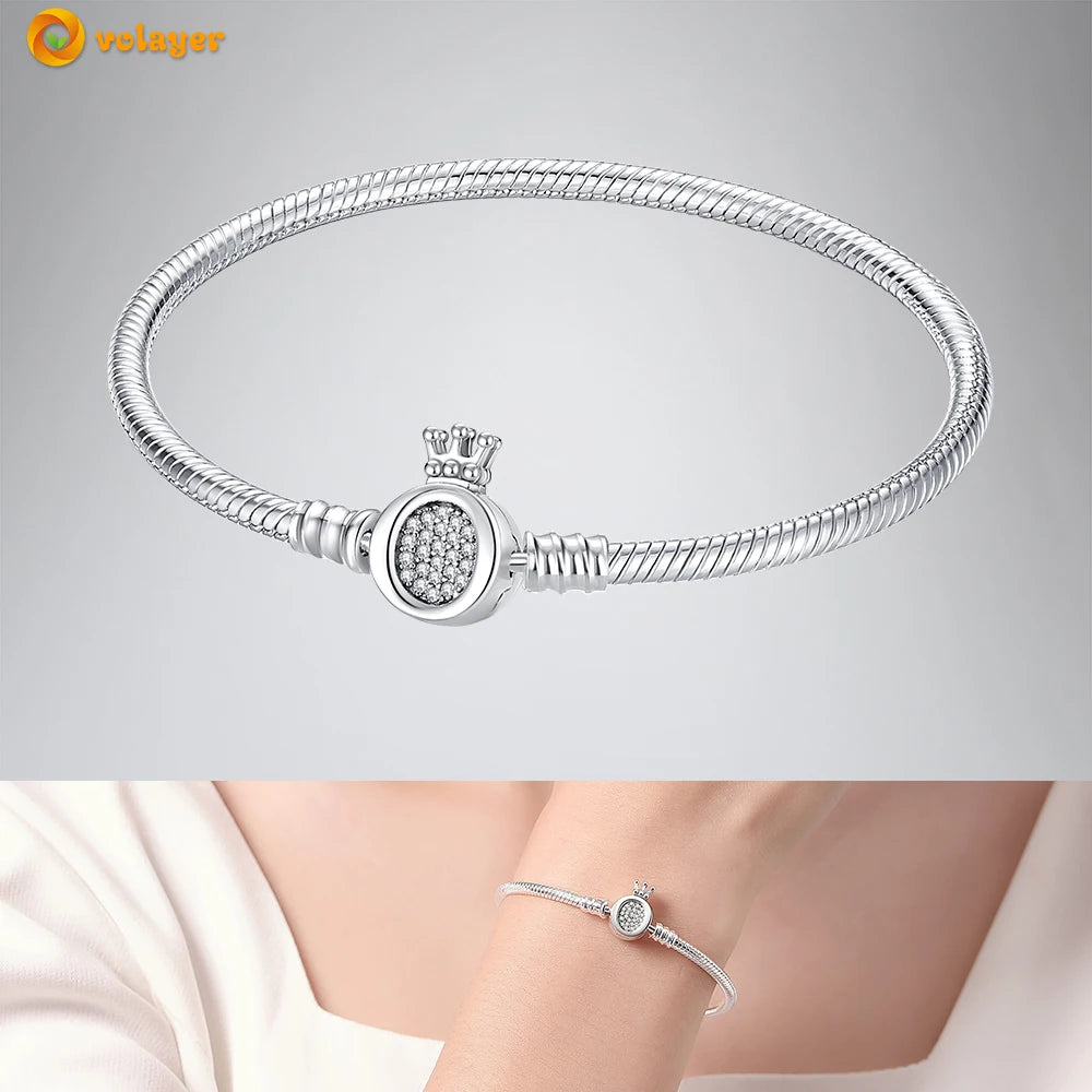 Volayer 925 Sterling Silver Bracelets Pavé Heart Shell Feathers Dreamcatcher Crown Clasp Snake Chain Bracelets Love Wing Bangles