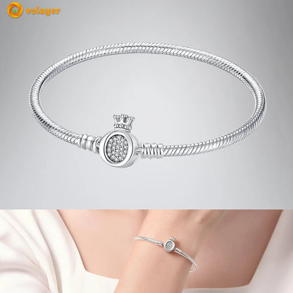 Volayer 925 Sterling Silver Bracelets Pavé Heart Shell Feathers Dreamcatcher Crown Clasp Snake Chain Bracelets Love Wing Bangles