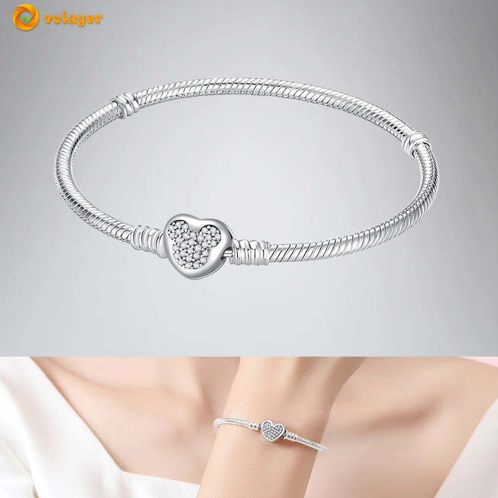 Volayer 925 Sterling Silver Bracelets Pavé Heart Shell Feathers Dreamcatcher Crown Clasp Snake Chain Bracelets Love Wing Bangles